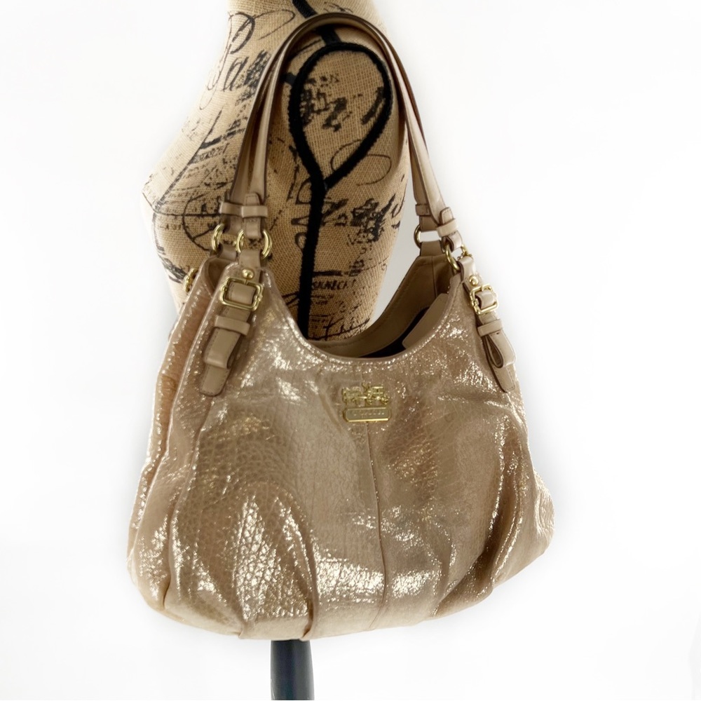 Coach Madison Embossed Gold/Tan Metallic Leather Maggie Shoulder Bag Satchel